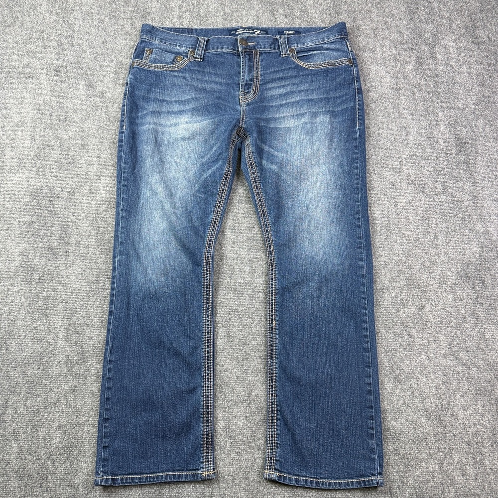 Seven7 Mens Straight Fit Jeans 38x32 Medium Wash Heavy Stitch Button Flap Pocket